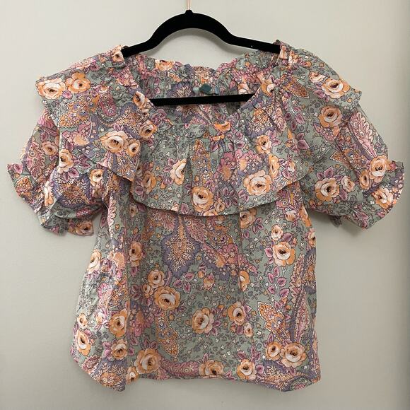 Feminine Puff Sleeve Romantic Ruffle Floral 100% Cotton Good Luck Gem Blouse S/M - Picture 1 of 5